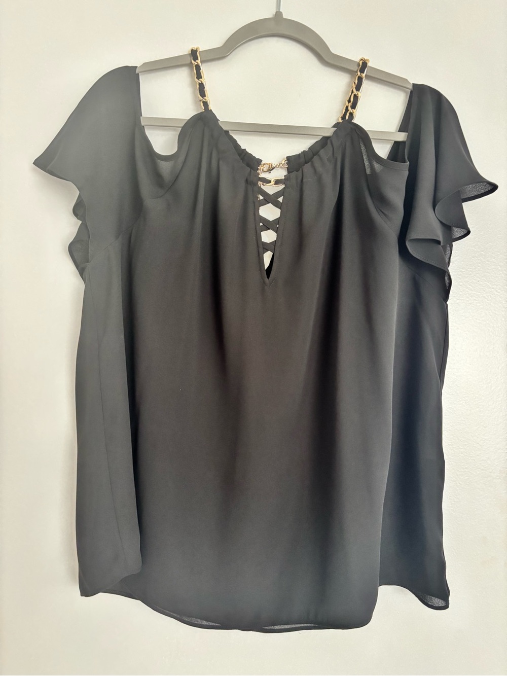 INC International Concepts Black Cold-Shoulder Chain-Strap Lace-Up Camisole